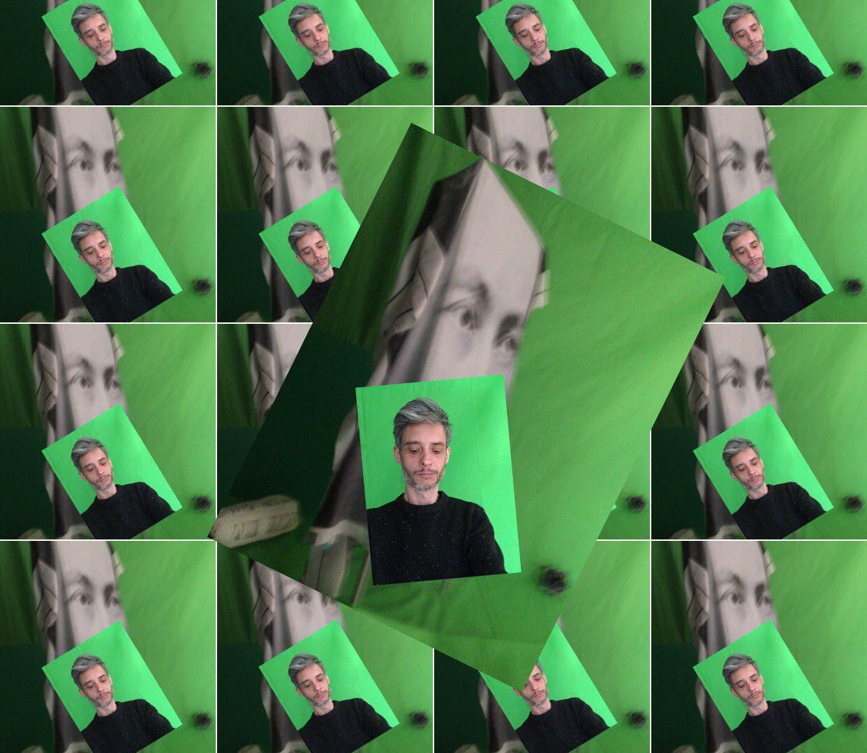 Eine Foto-Collage von Flo Thamer vor einem grünen Hintergrund vor dem Porträt von Hilma Af-Klimt. Das Bild ist im Hintergrund 16-mal gedoppelt. 